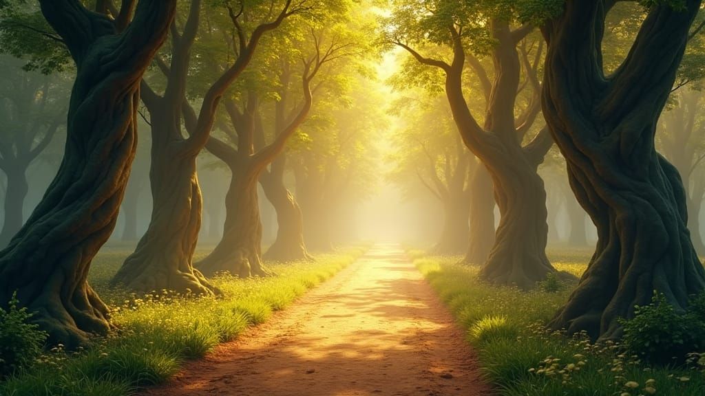 Golden Forest Path in Pixar Style