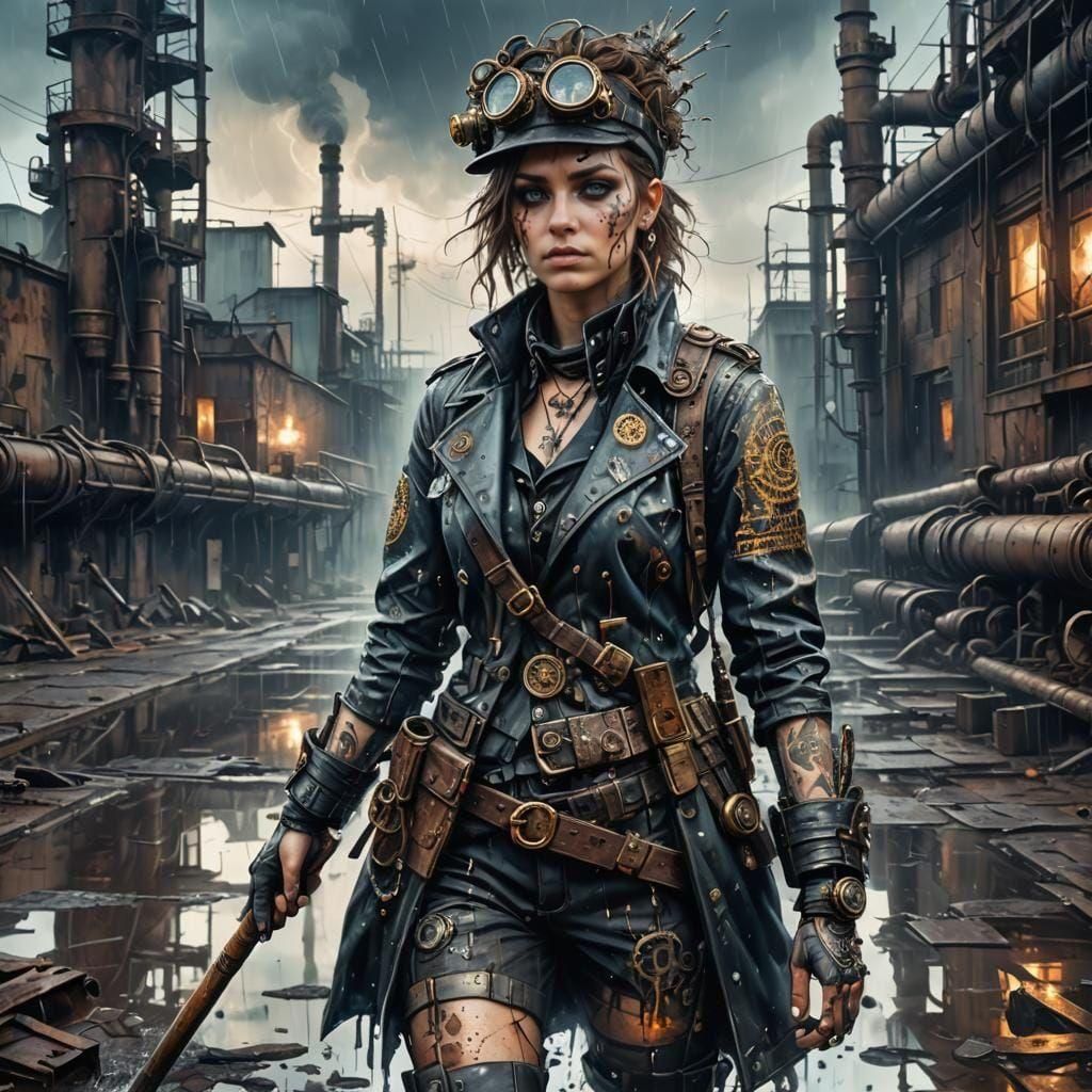 Post-Apocalyptic Steampunk Stalker in Oil Painting Style