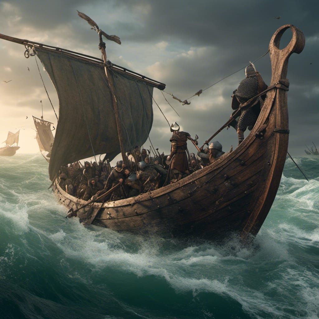 Viking Boat Pulled by Flying Fish