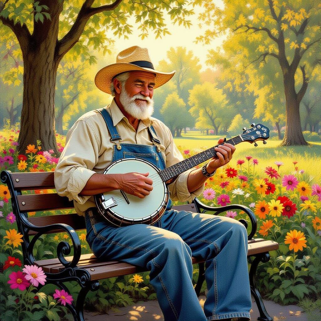 Grandfather Plays Banjo in Rockwell-esque Park