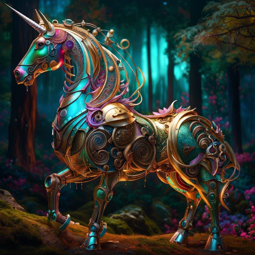 Metallic Unicorn in Fantasy Robotic Forest