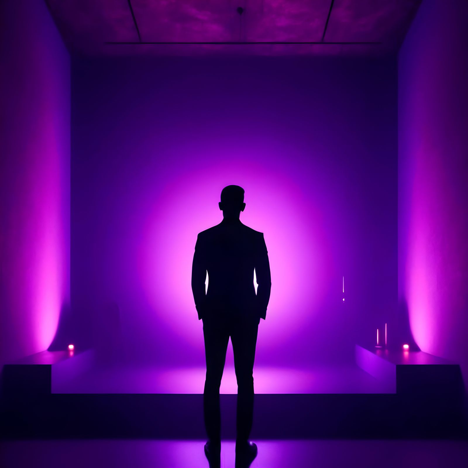 Silhouette in Dark Room with Purple Lighting