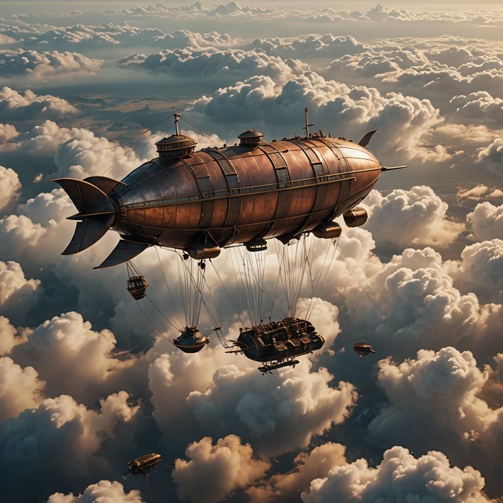 Dieselpunk Airship Soaring Through Cloudy Skies