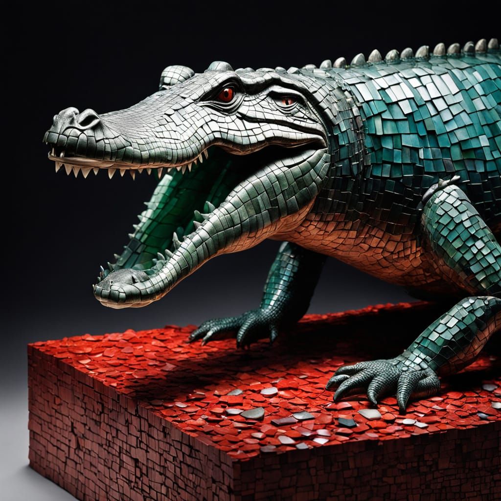 Stunning Mosaic Crocodile Sculpture in Modern Art Gallery