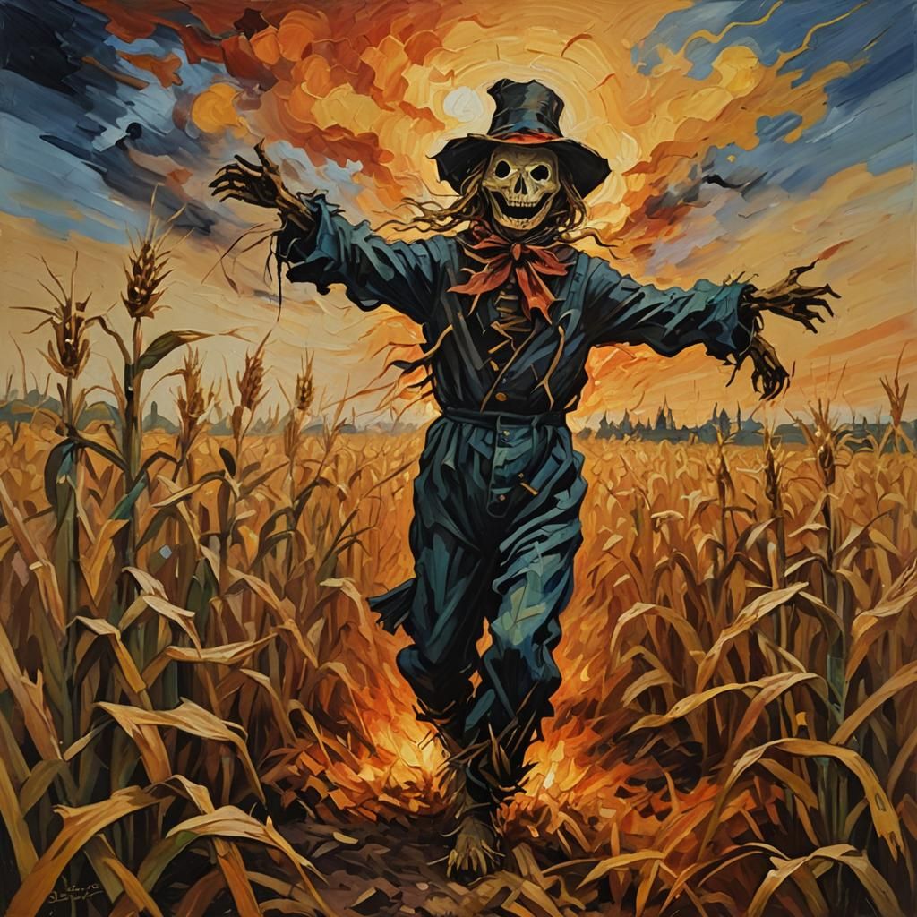 Expressionist Scarecrow in Burning Cornfield Oil Painting