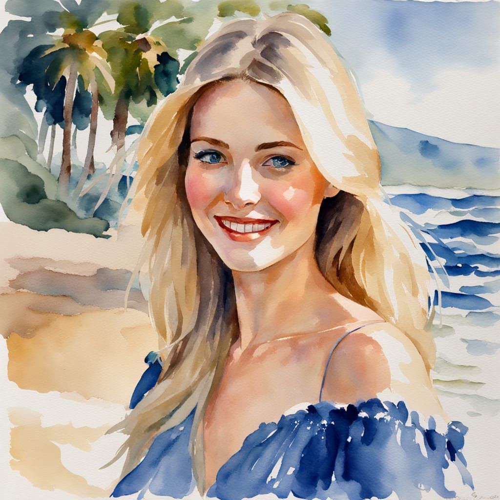Ethereal Woman on a Coastal Path in Watercolor