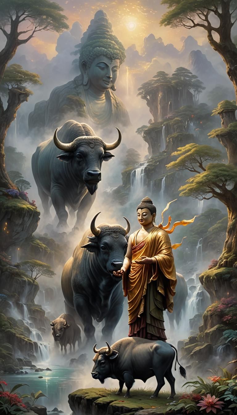 Buddha Holding Buffalo: Ethereal Fantasy Art