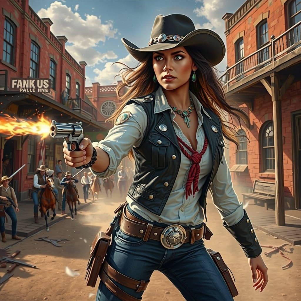 Hyperrealistic Native American Cowgirl in Wild West Showdown