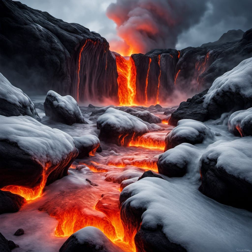 Lava Flows Over Ice in a Cinematic Landscape