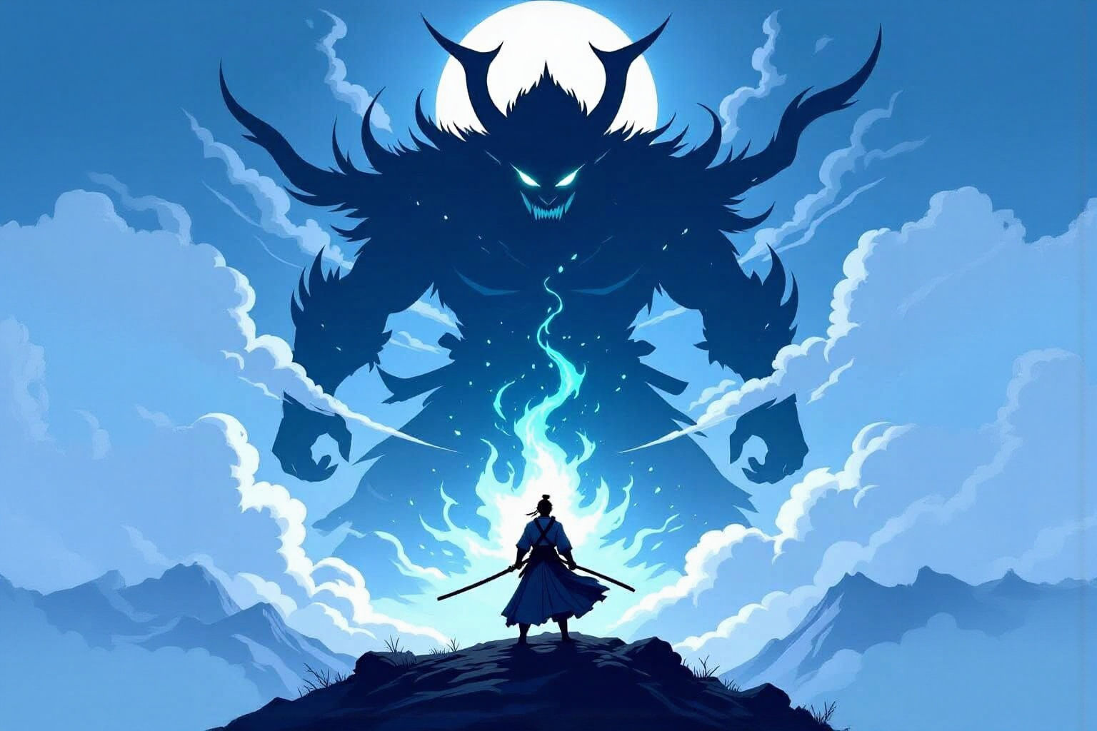 Samurai Warrior vs Shadow Demon on Mountaintop in Anime Styl...