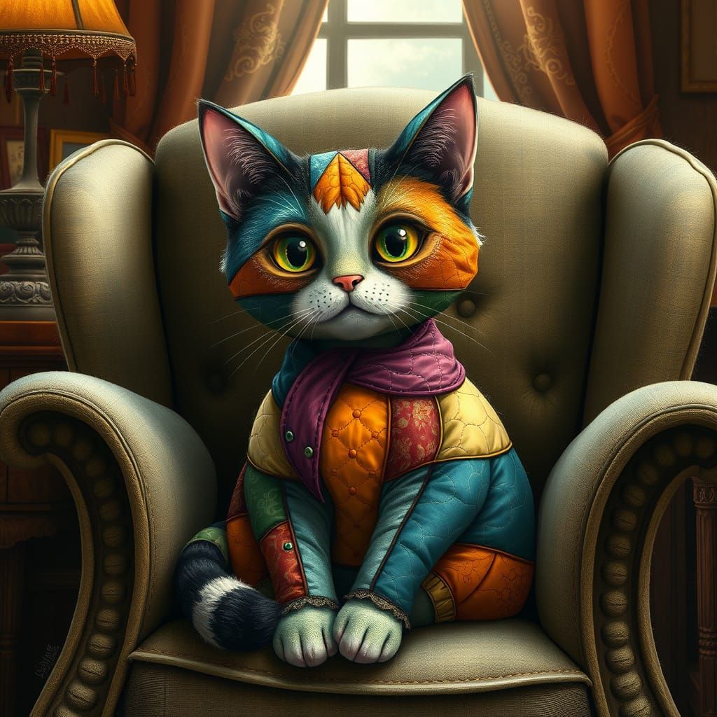 Whimsical Patchwork Cat in Storybook Style