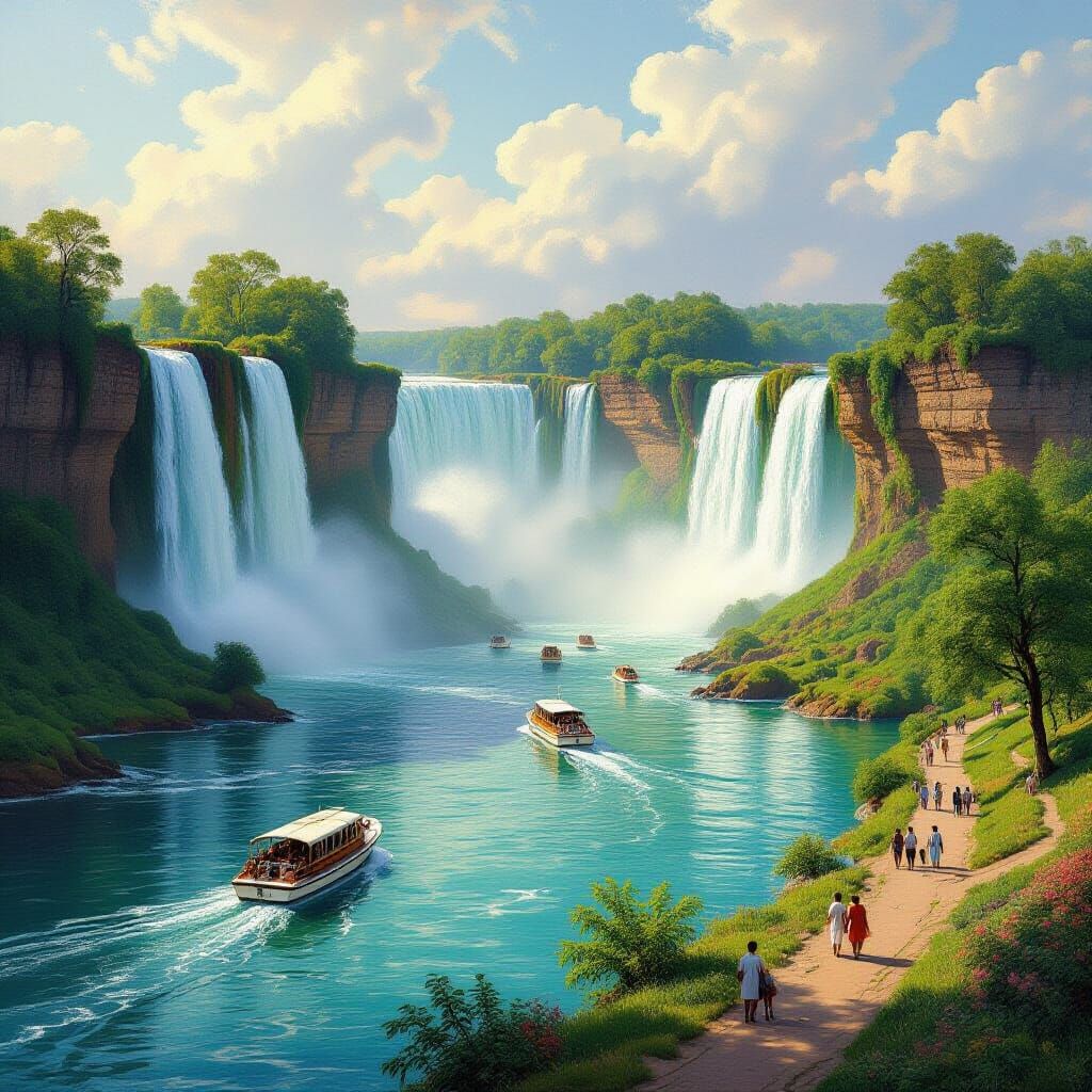 Majestic Waterfall Landscape in Bierstadt Style