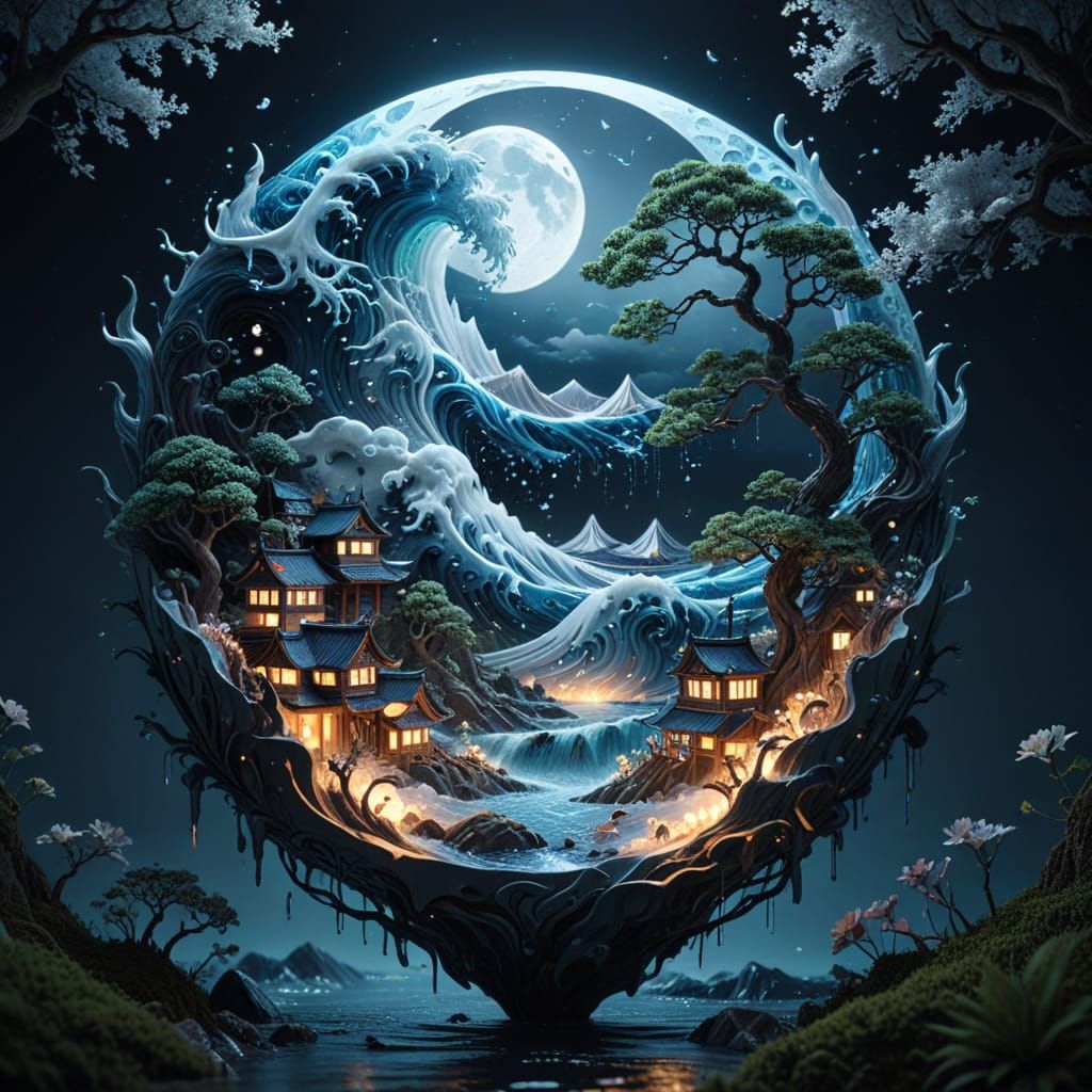 Icy Ocean Wave: Sumi-e Ink Painting Landscape