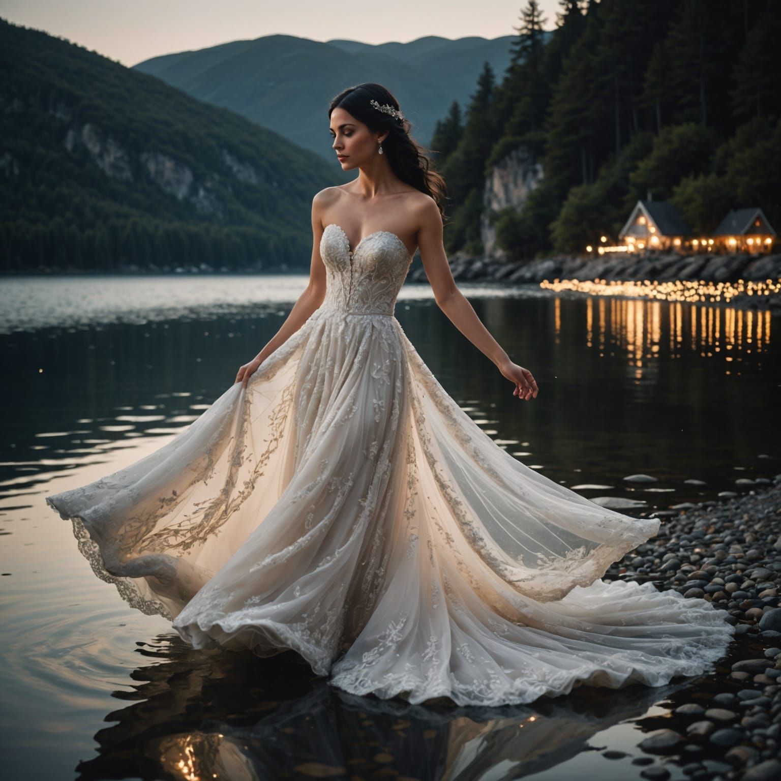 Extreme wide shot of breathtakingly beautiful woman, adorned...