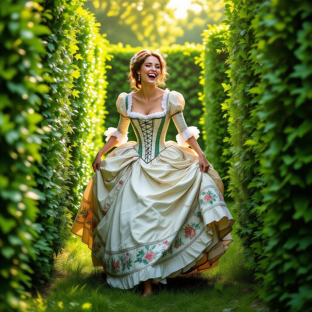 Woman in Gown Runs Through Maze, Hyperrealistic Style