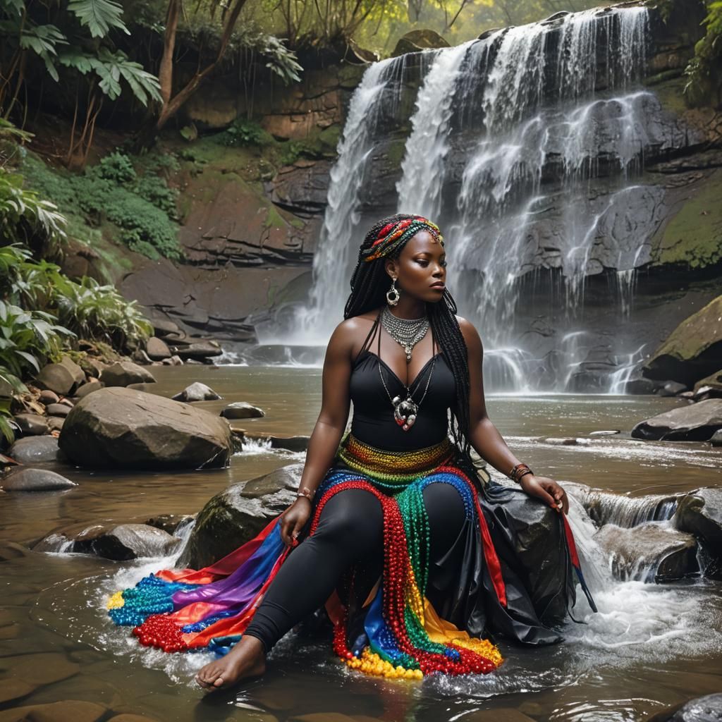 Goddess with Rainbow Beads by Waterfall