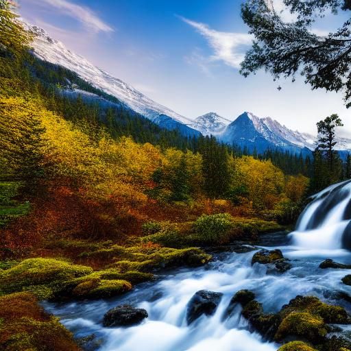 Realistic Mountain Waterfall Forest Stream Landscape