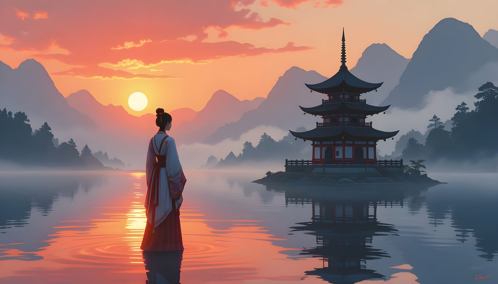 Tranquil Asian Landscape with Pagoda at Sunset
