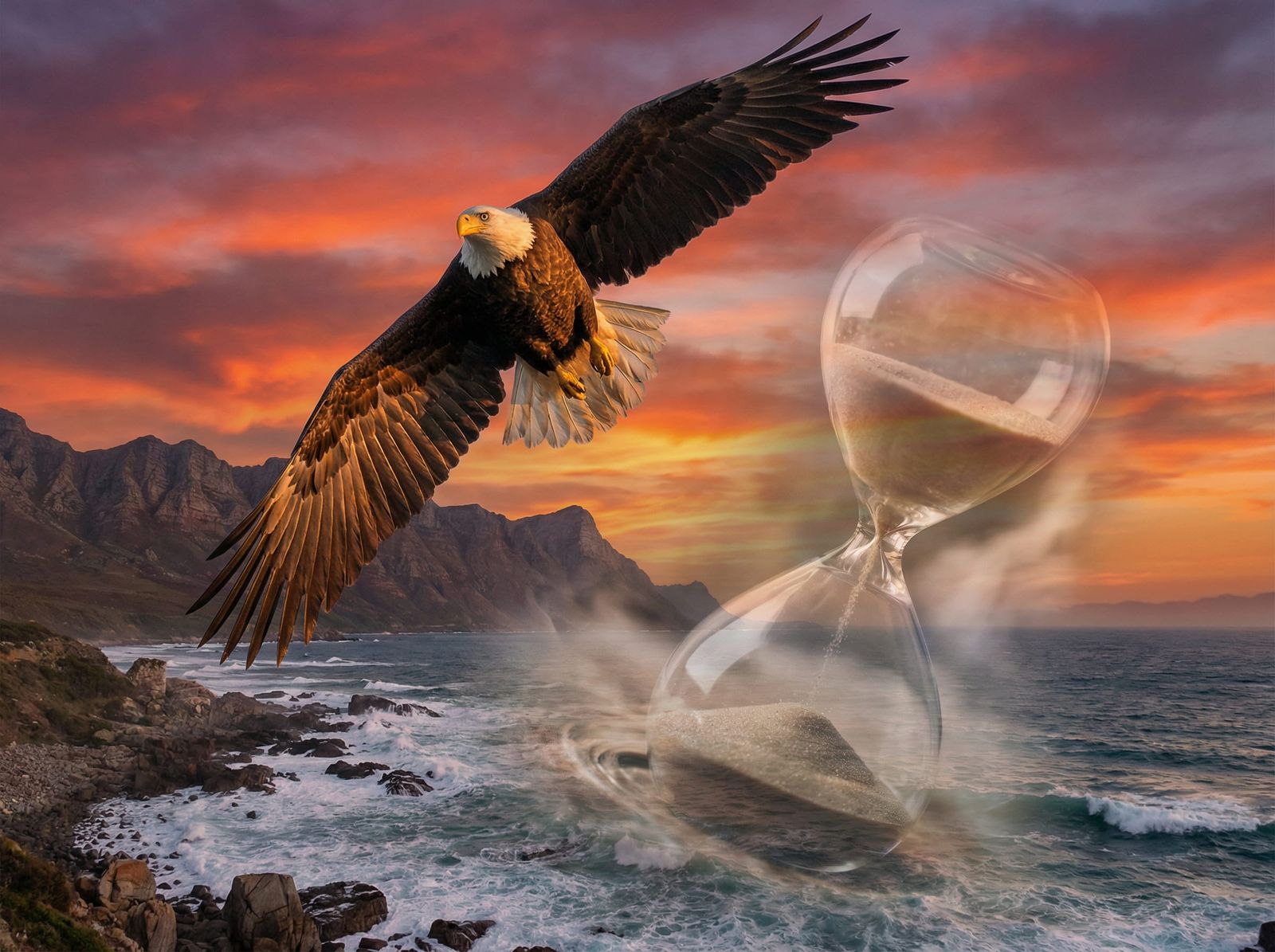 Majestic Bald Eagle Soars Over Mountains and Ocean at Sunset