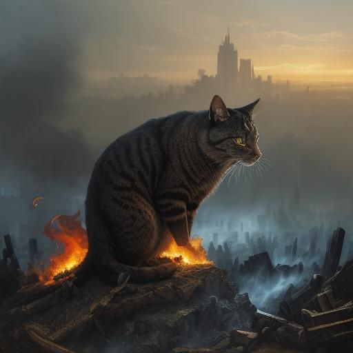 Wise Cat and Rabbit in Surreal Smoky Landscape