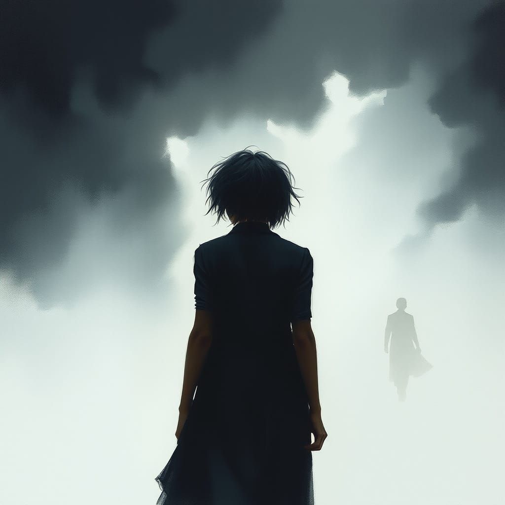 Lonely Figure in Mist: Gouache and Watercolor Impression