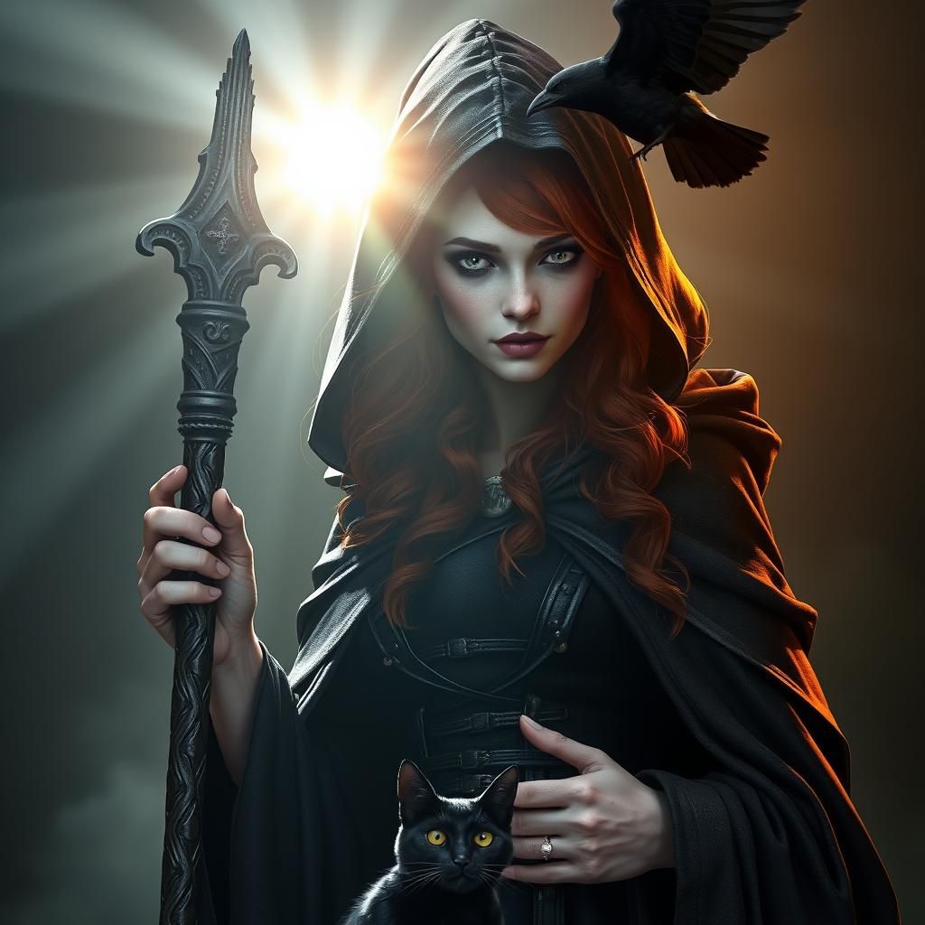 Auburn-Haired Witch with Black Cat and Crow