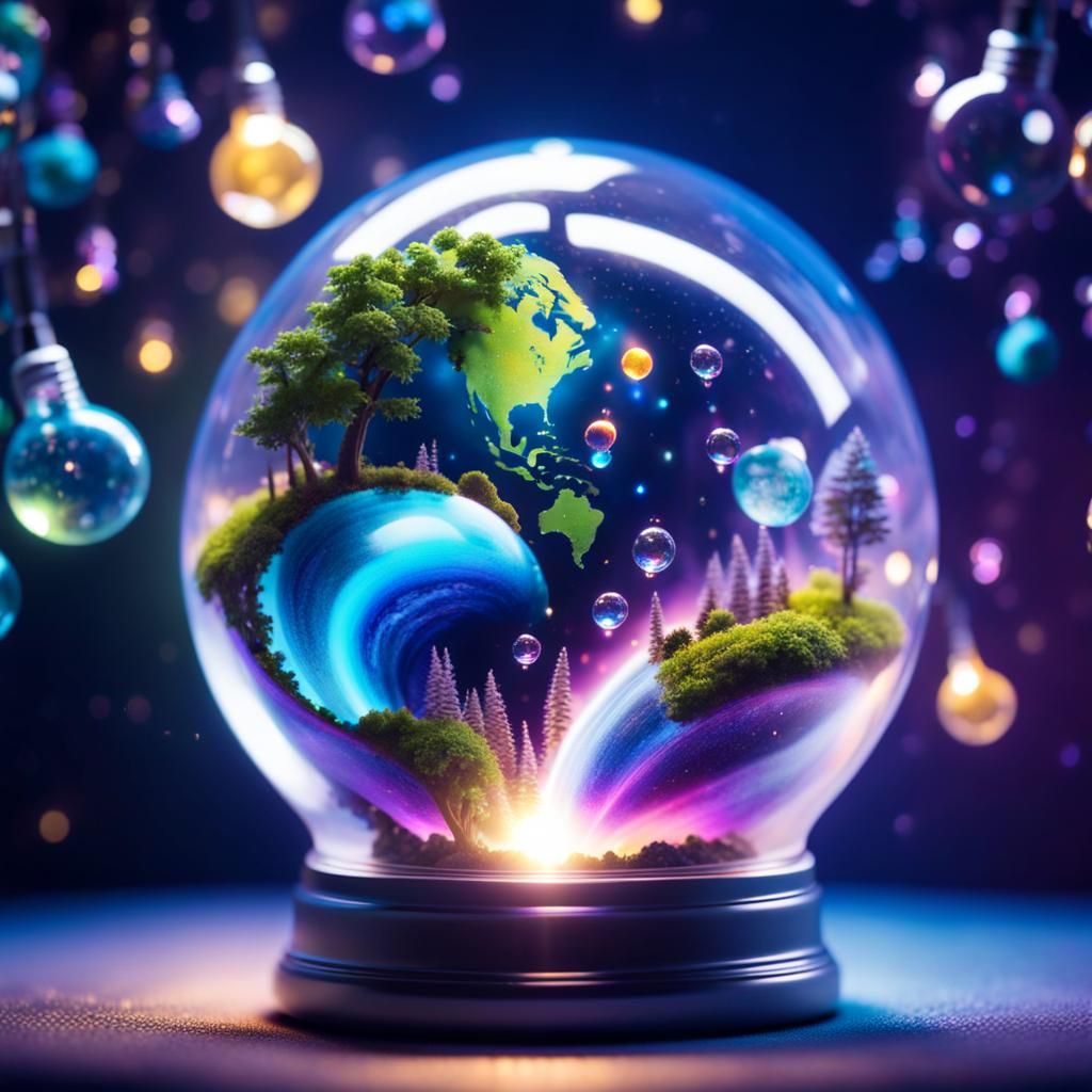 Miniature Earth Inside Light Bulb with Bubbles
