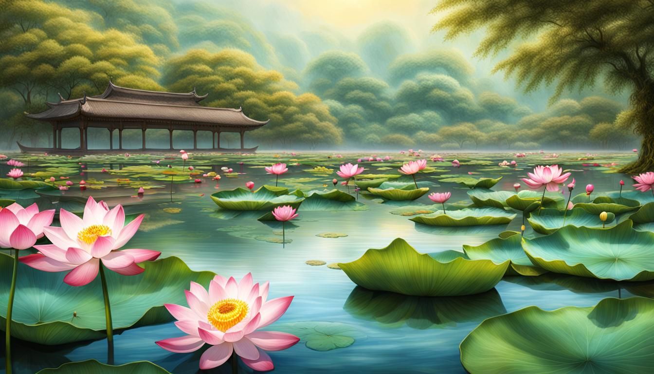 Lotus Pond in Pastel Colors: Serene Scene