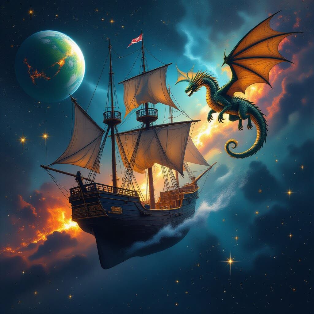 Barquentine Soaring Through Space With Dragon