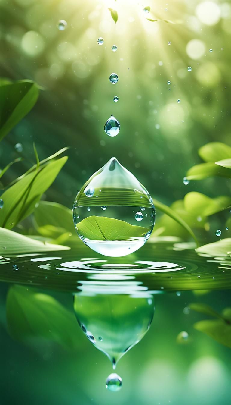 Crystal Droplet About to Touch Pond, Hyperrealistic Art