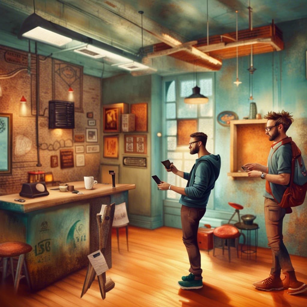 Hipster Men Chatting in Dimly Lit Cafe