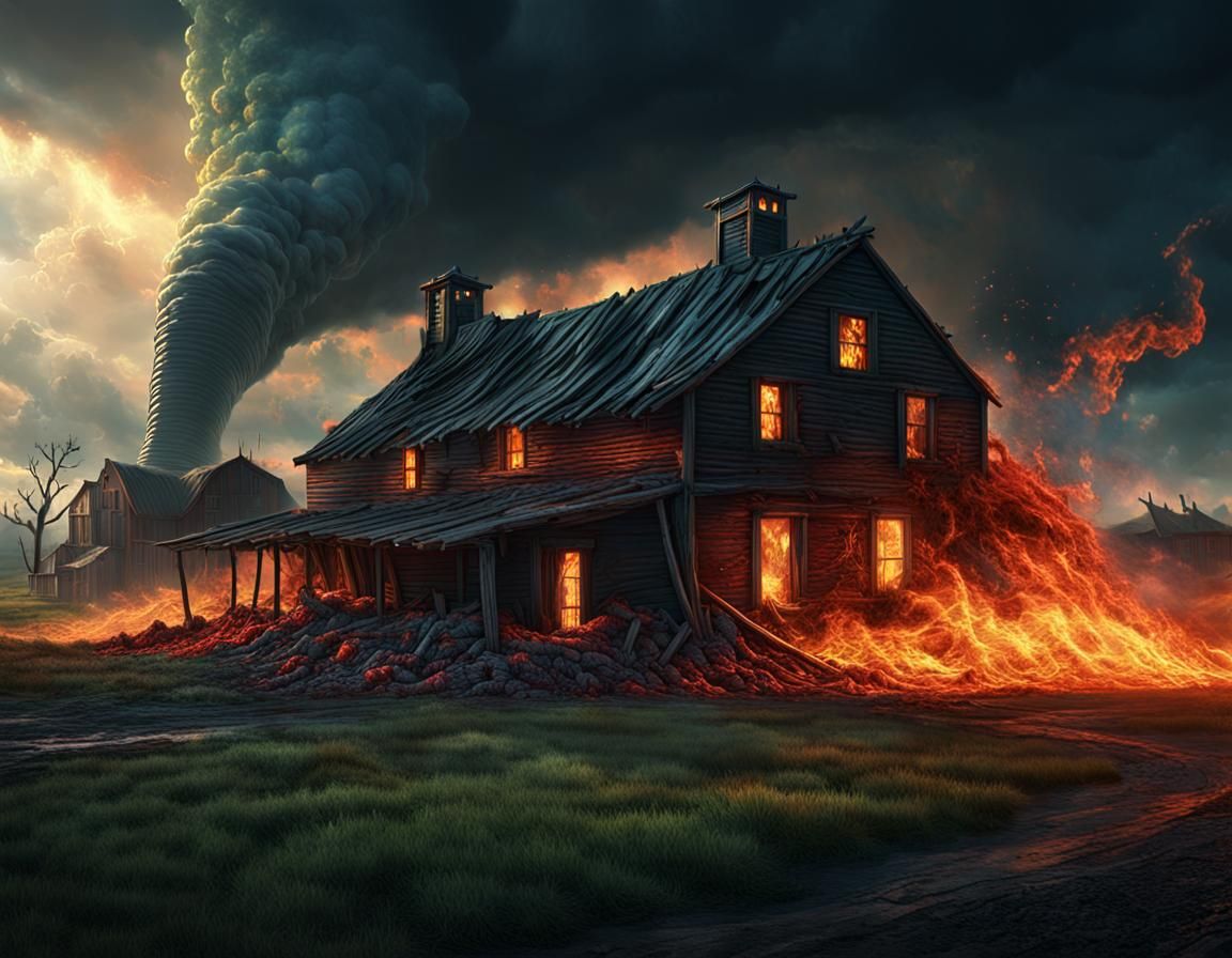 Infernal Fire Tornado Devastates Farm, Dark Fantasy Art