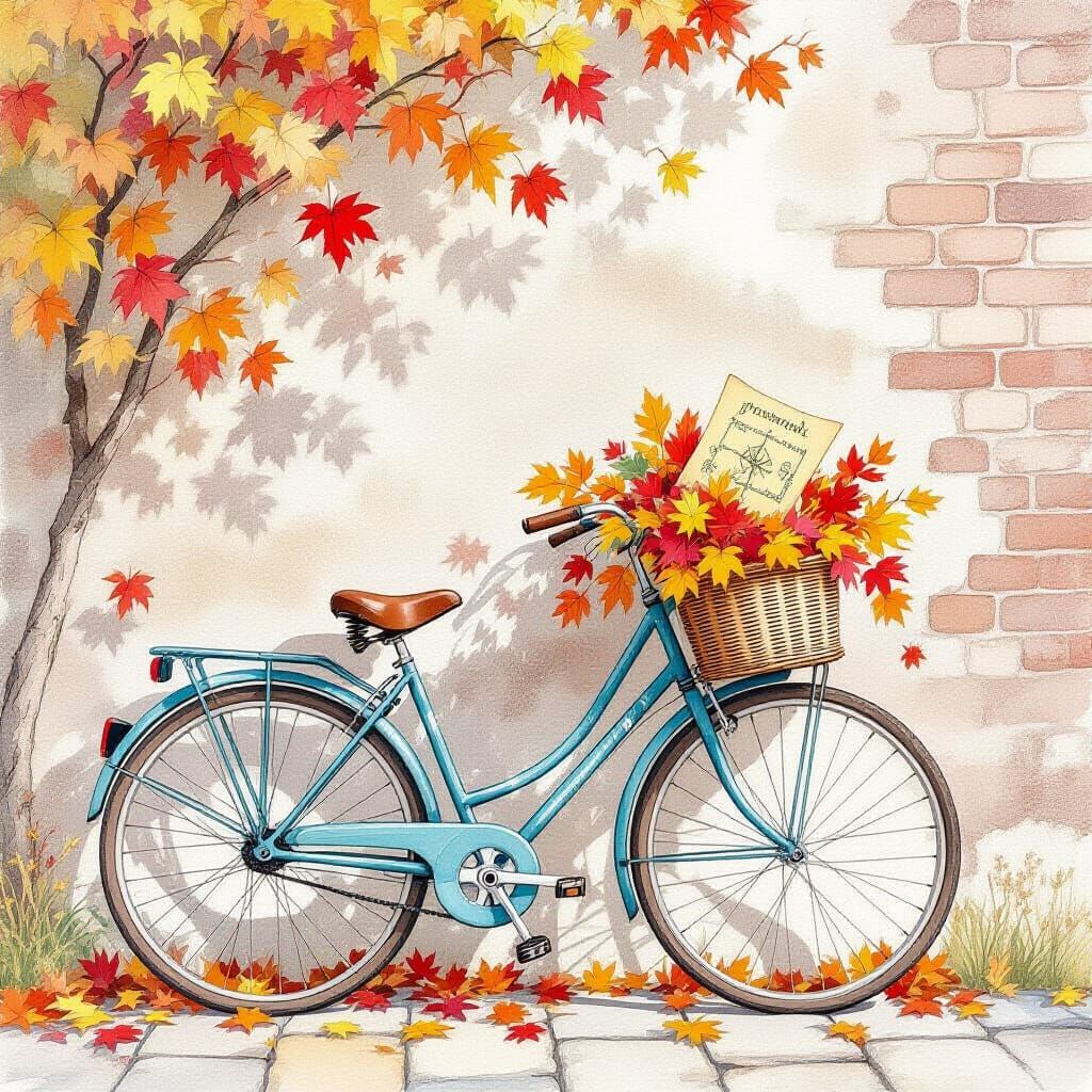 Autumn Bicycle with Map in Watercolor Style