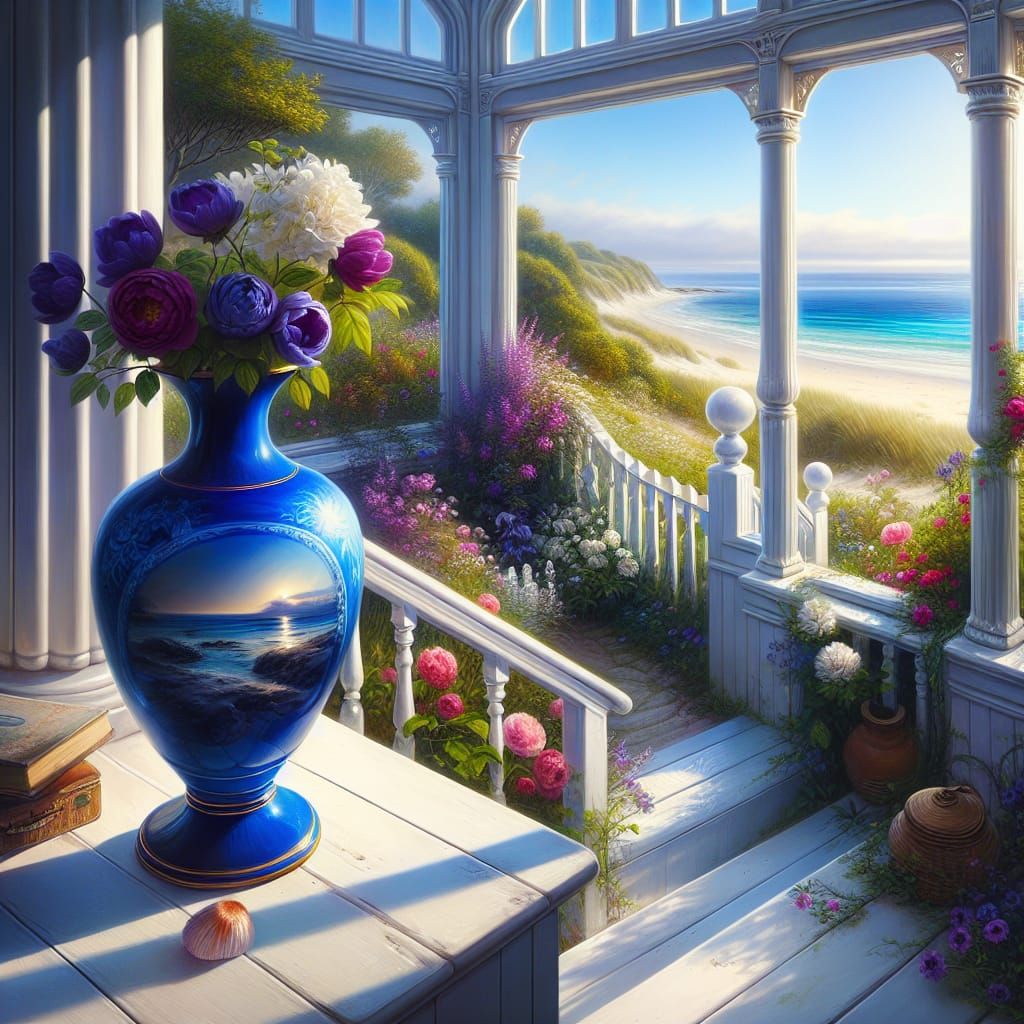 Vibrant Blue Vase Basks in Warm Sunlight on a Victorian Vera...