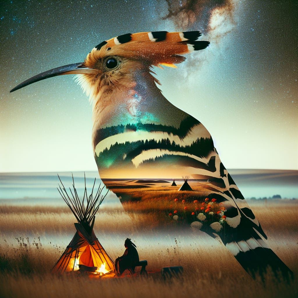 Ethereal Double Exposure: Hoopoe, Prairie, and Mohawk Man