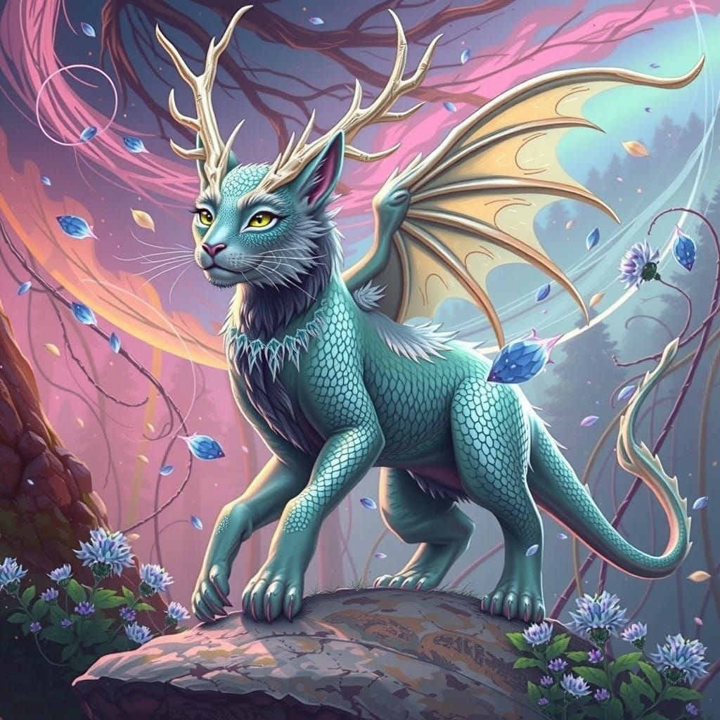 Serene Dragon-Cat Amidst Winter Aster Blooms