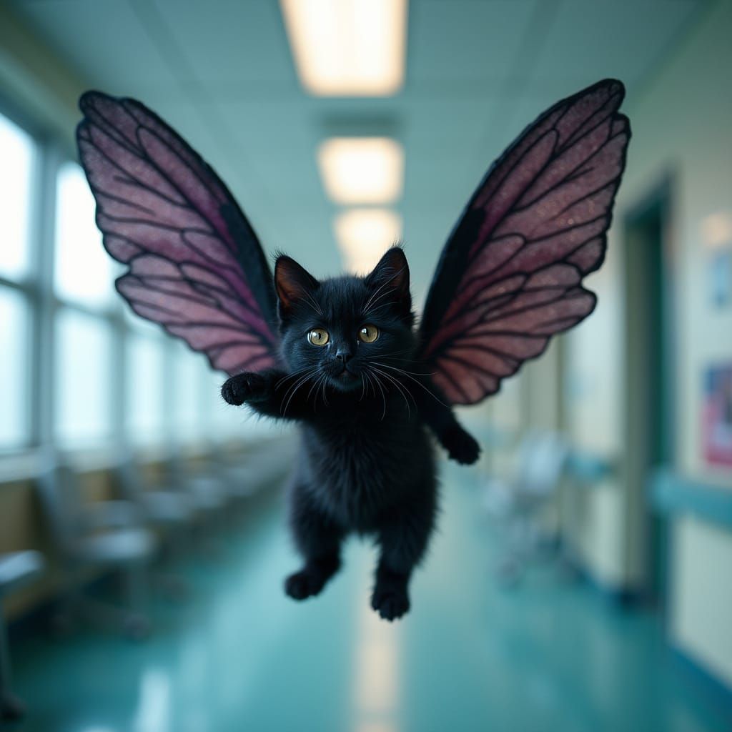 Delicate Cotton Kitten Soars with Majestic Wings in a Hospit...