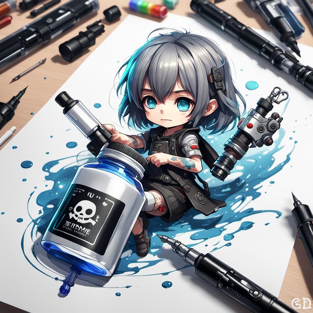 The chibi ink bottle is being pursued by a tattoo gun, while a half-finished picture is being created on a canvas.