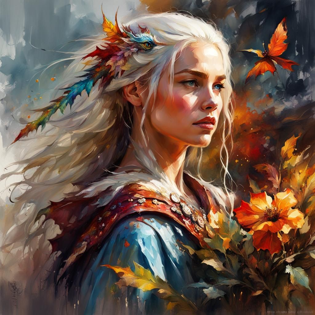 Daenerys and Dragon in Autumnal Watercolour Painting