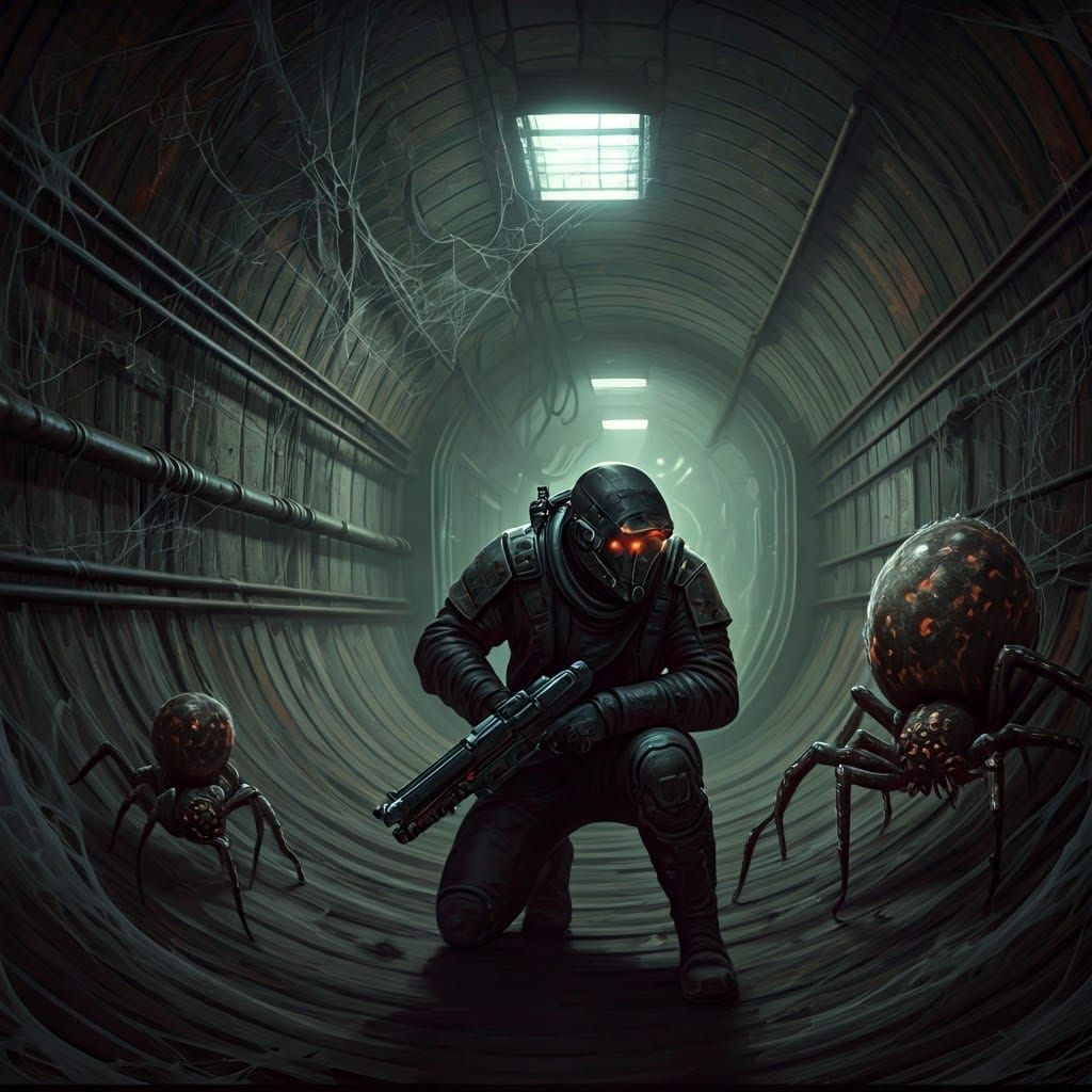 Cyberpunk Mercenary Advances Through Dark, Abandoned Tunnel