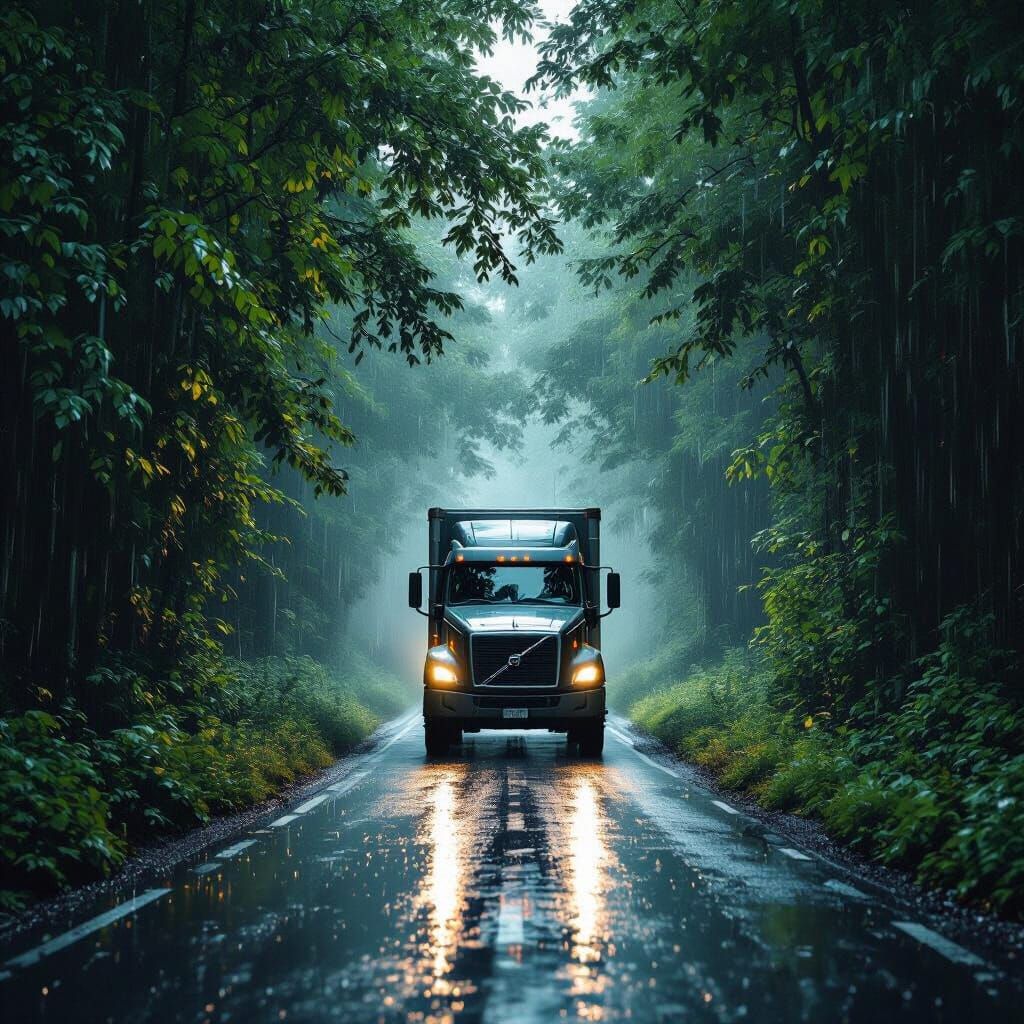 Volvo Truck on Rainy Forest Road in Digital Matte Painting S...