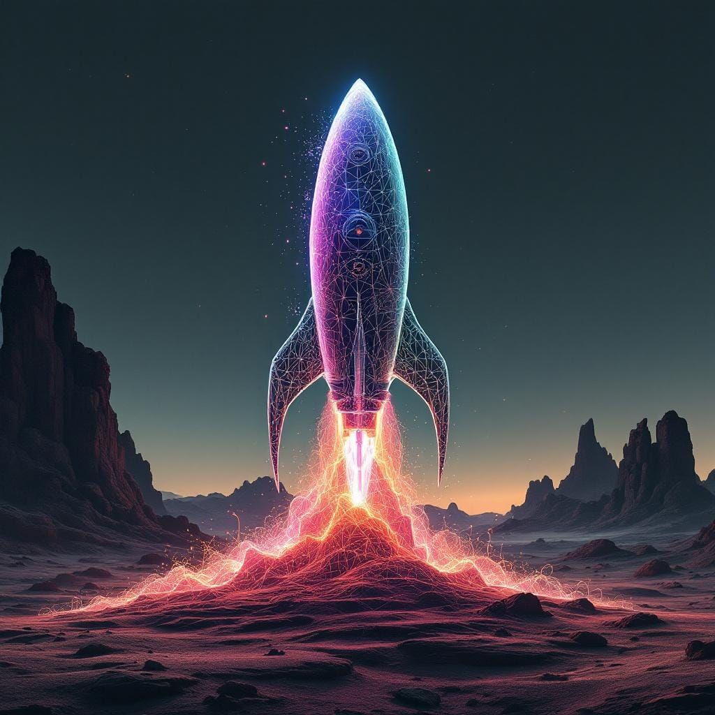 Retro Rocketship in Glitch Art Style