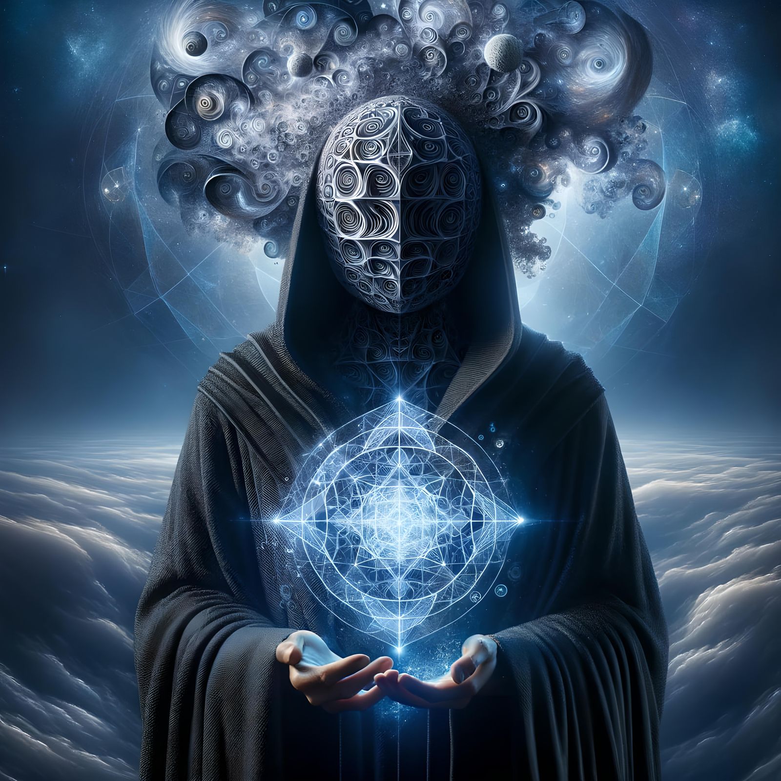 Ethereal Figure with Geometric Patterns in Cosmic Realm