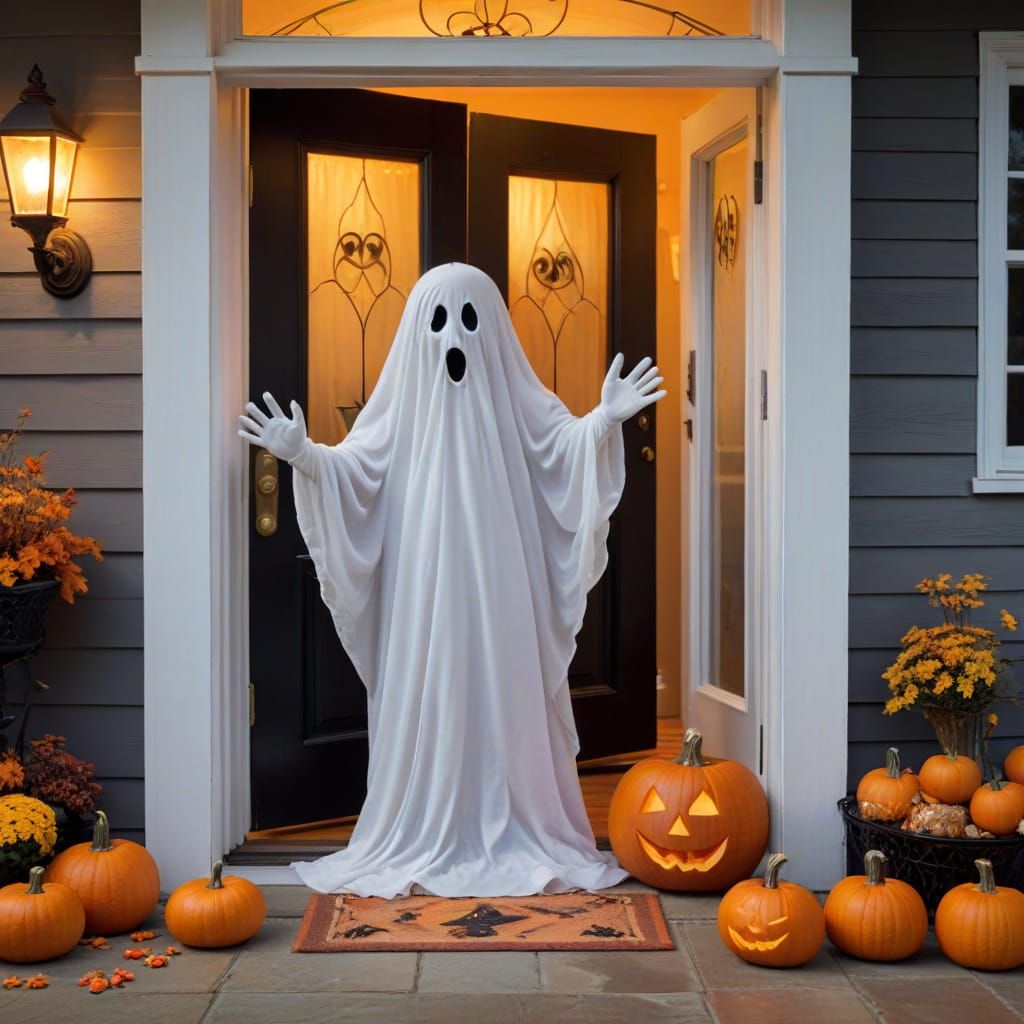 Friendly Ghost Offers Candy to Trick-or-Treaters