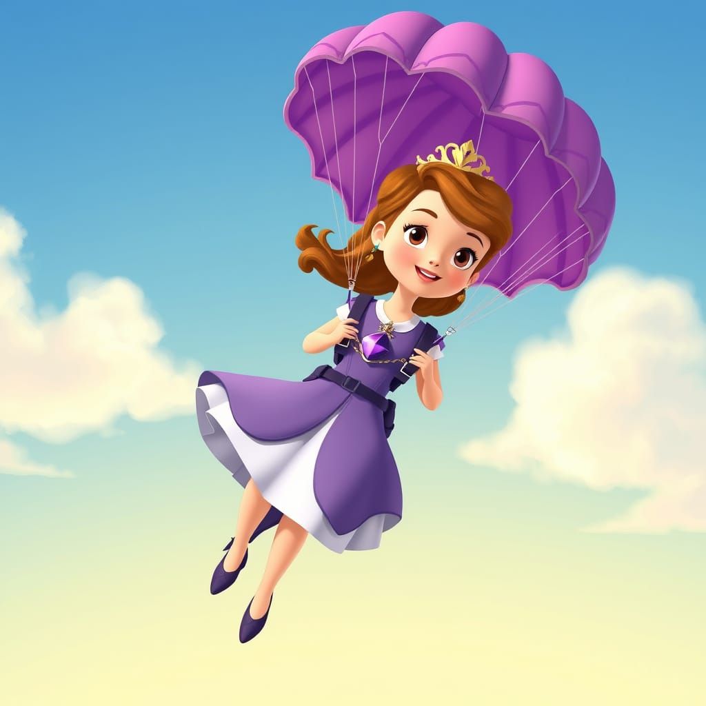 Princess Sofia Skydiving with Purple Parachute, Whimsical St...