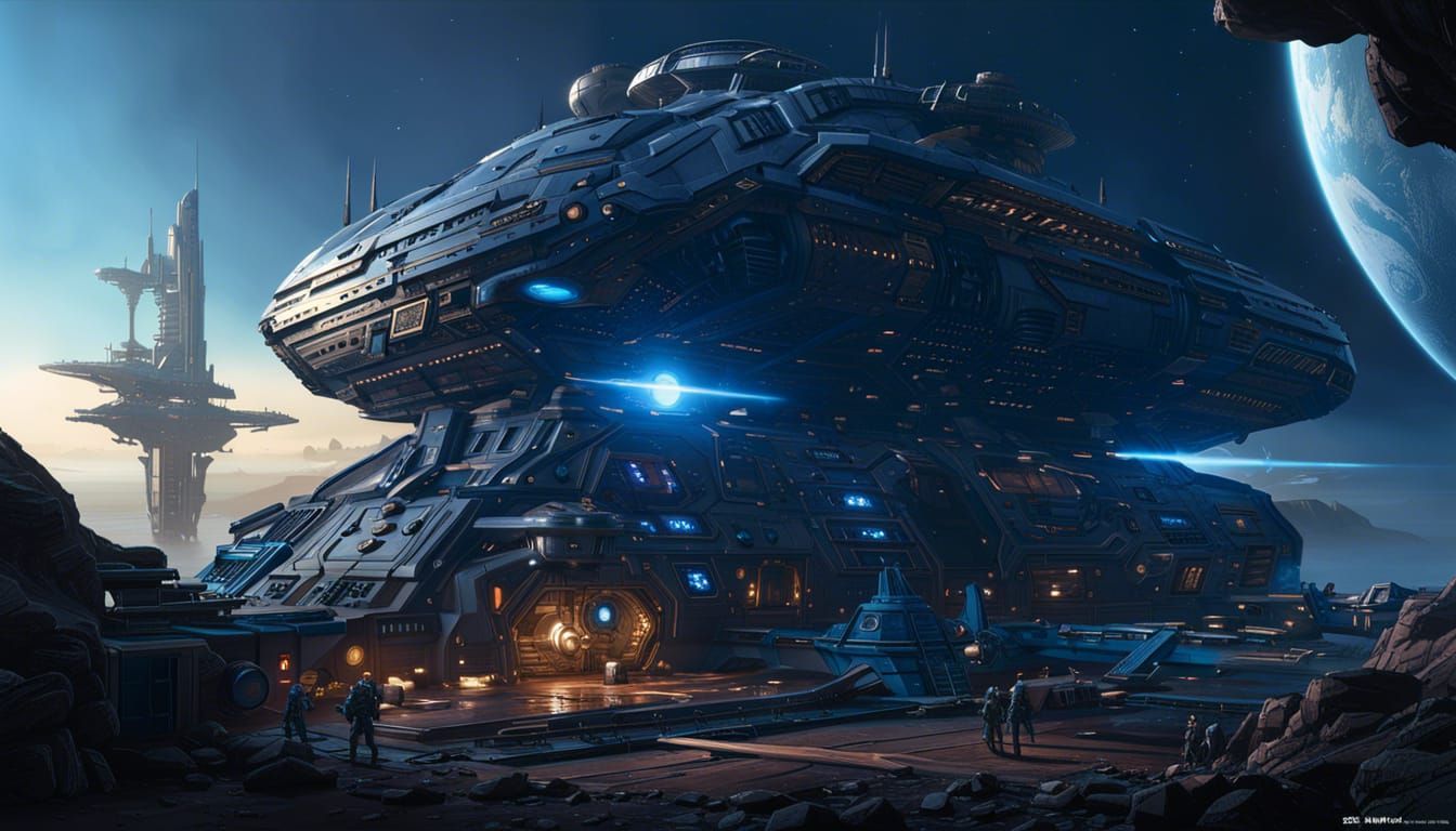 Asteroid Pirate Base with Spaceships in Sci-Fi Style