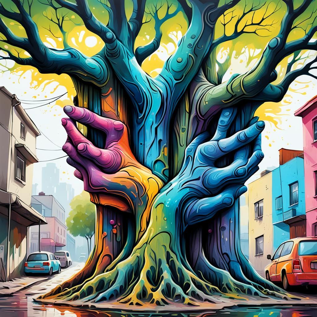 Trees Embrace in Graffiti Splash Art Style