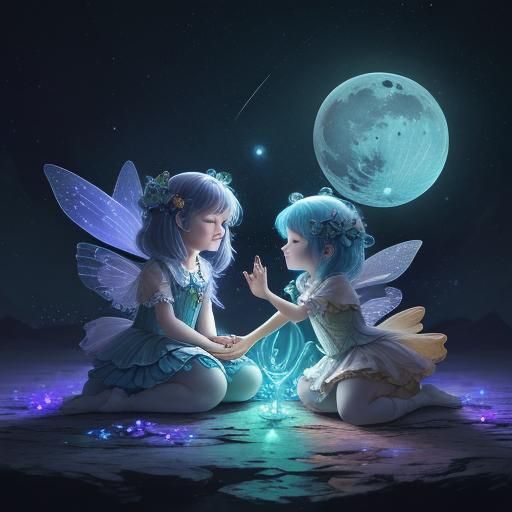 Fairies Sleeping on a Bioluminescent Moon in Galaxy