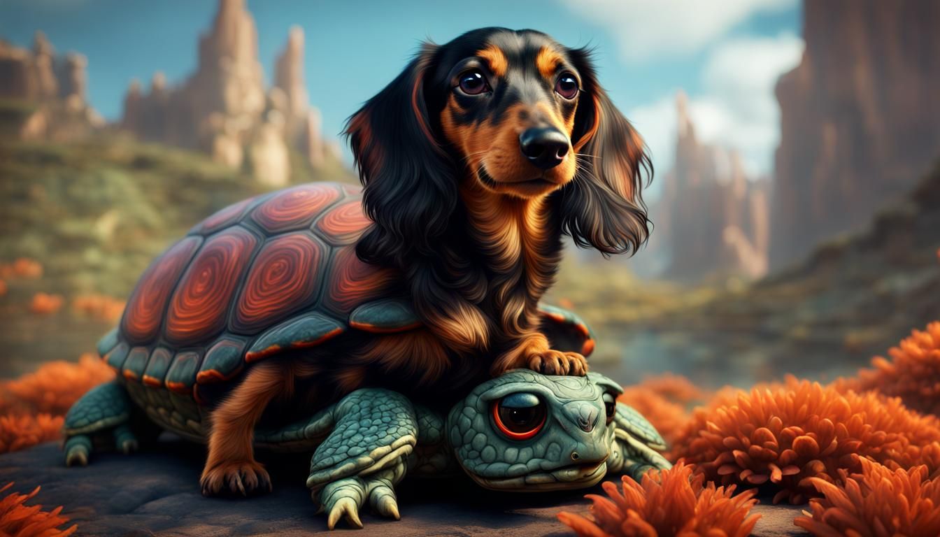 Dachshund Rides a Turtle in Fantasy Landscape