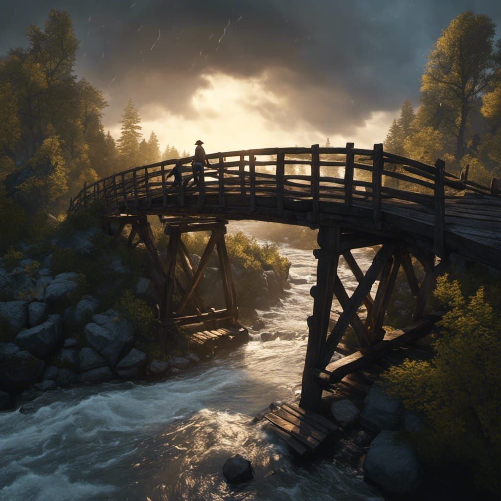 Stormy River Crossing: Bridge Scene in Lineart Style